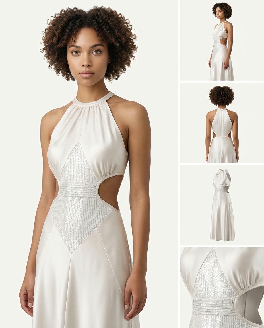 Ivory satin halter dress with back and detail crops