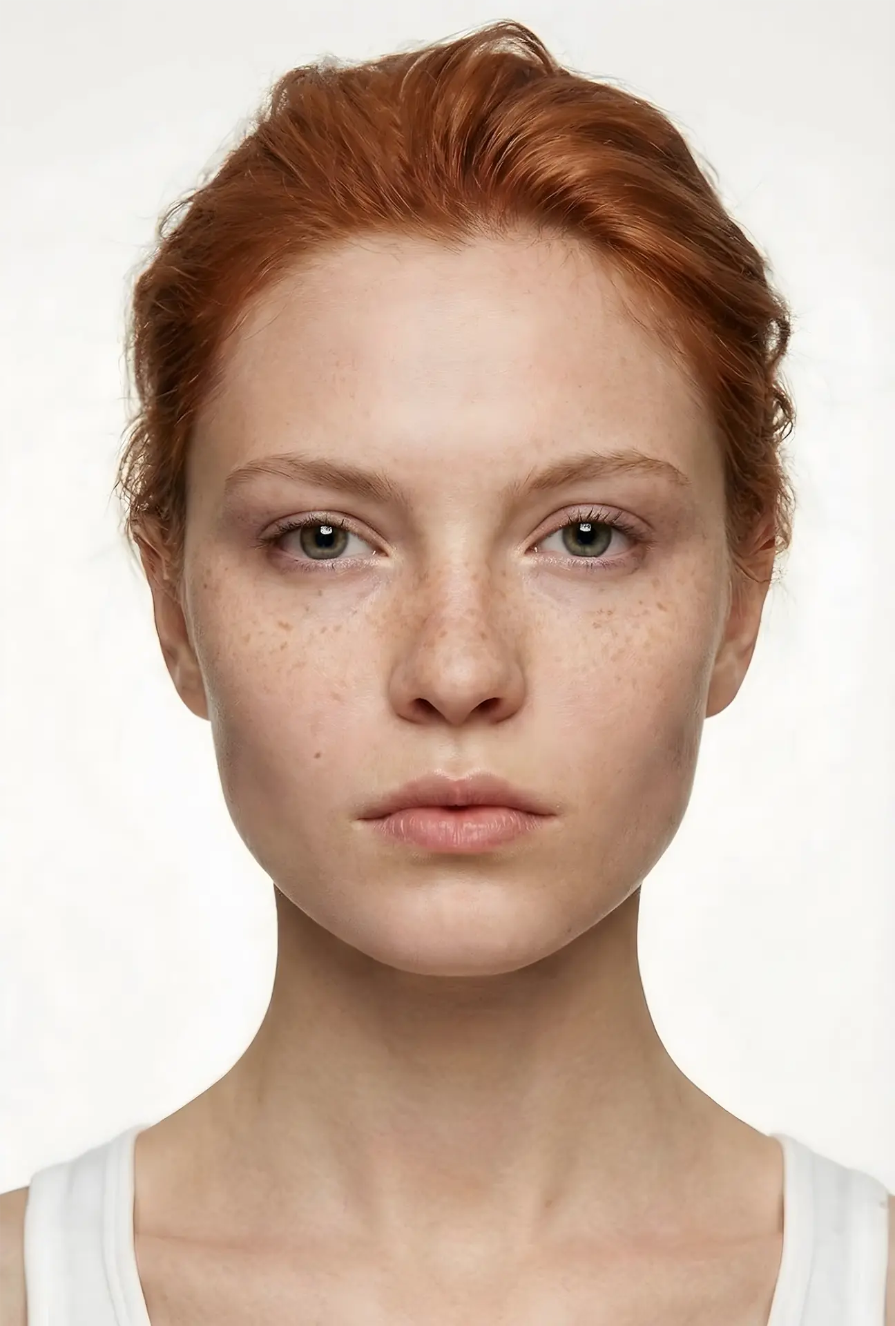 Studio portrait of red-haired Talent with freckles