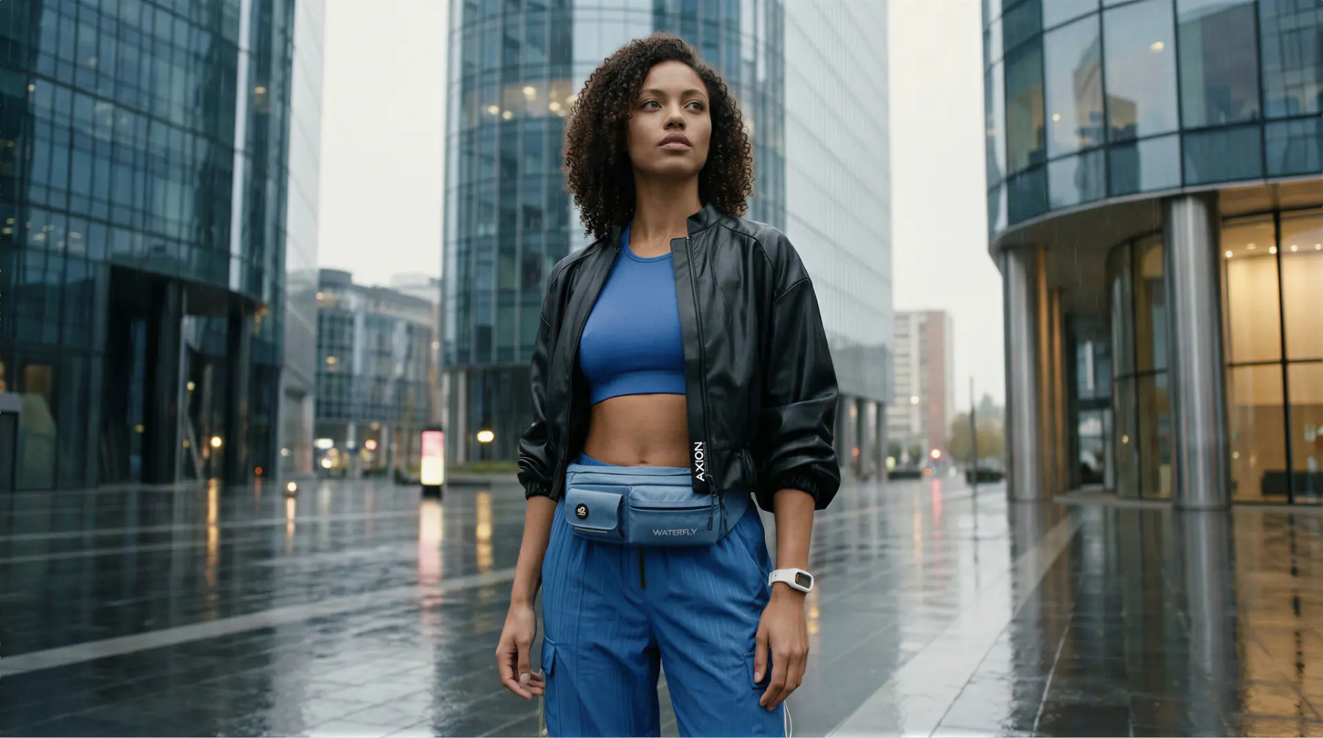 Talent in blue activewear and a black leather jacket standing on a rain-wet city street between glass towers