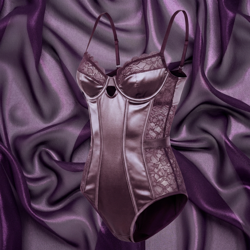 Mauve satin and lace bodysuit styled on draped purple silk
