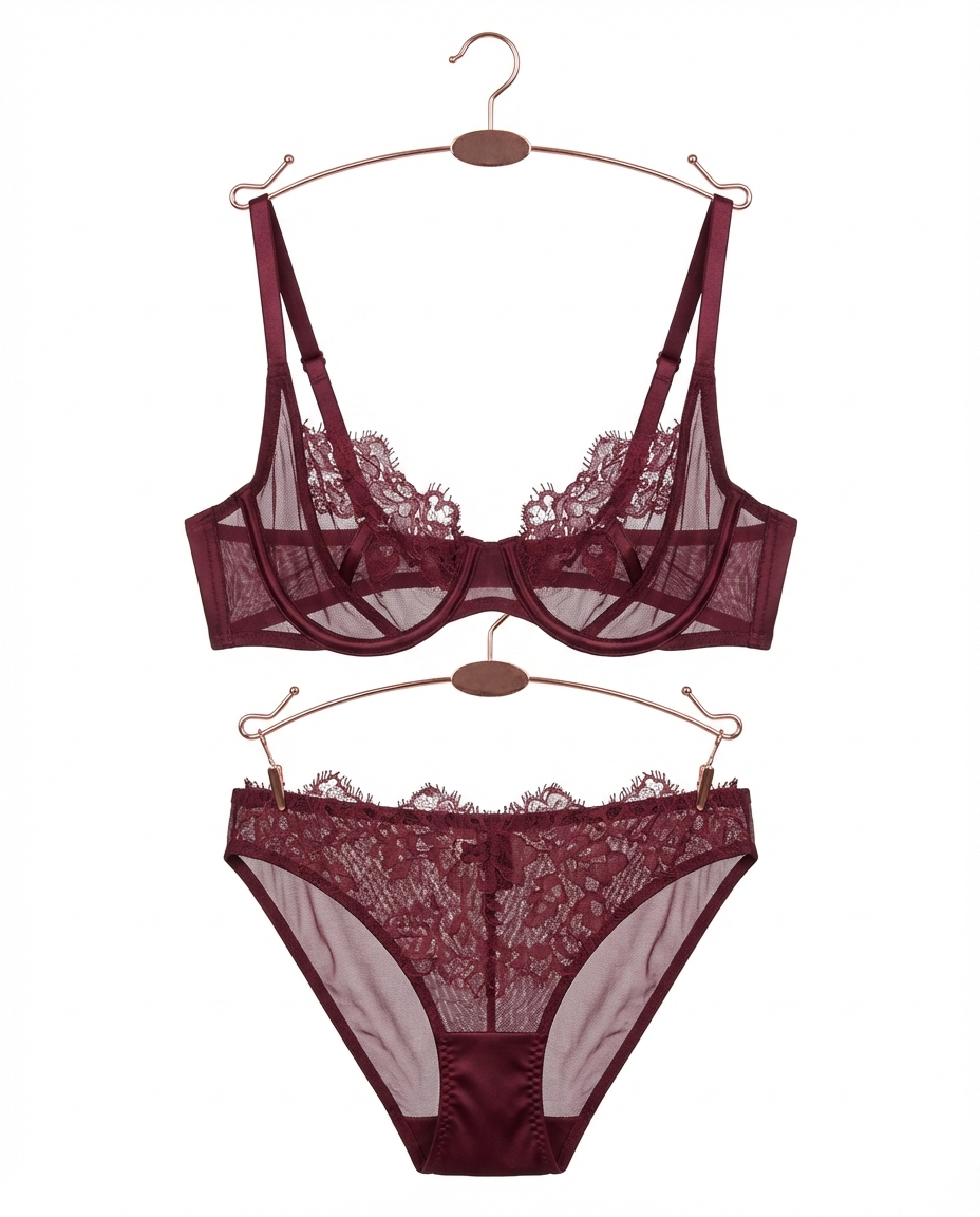 Burgundy lace bra and brief set photographed on rose-gold hangers