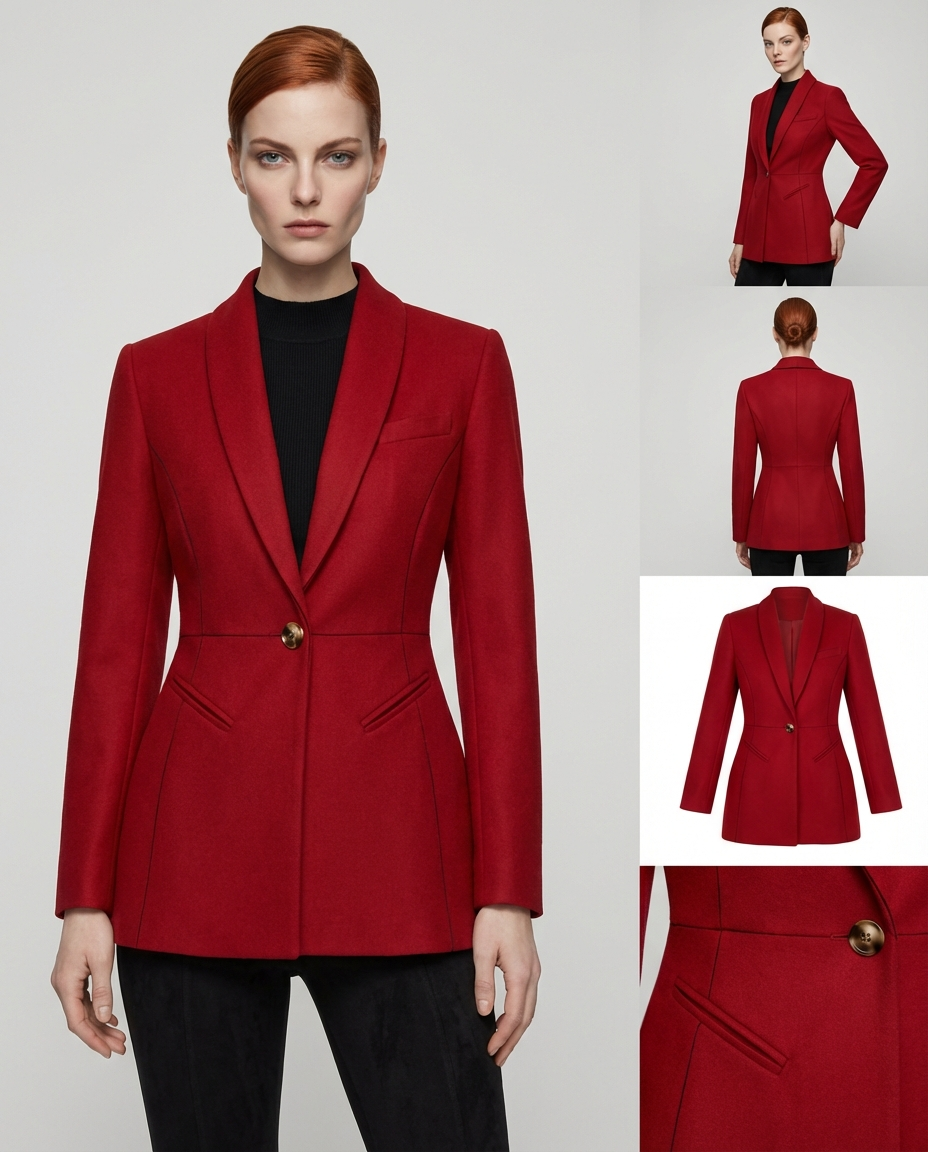 Tailored red wool blazer shown with detail crops