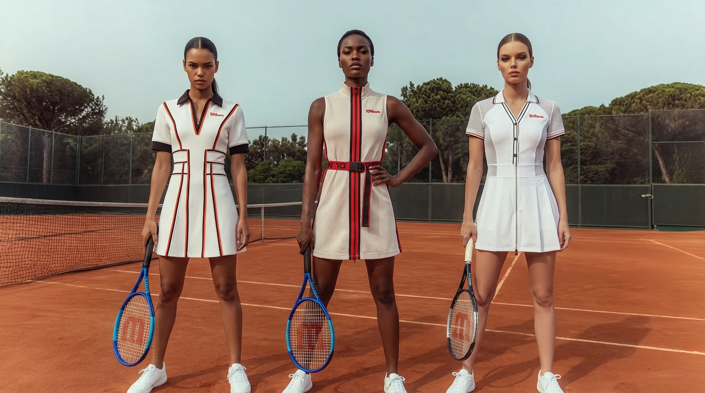 Three tennis athletes in Wilson sportswear on a clay court — campaign-ready editorial lineup