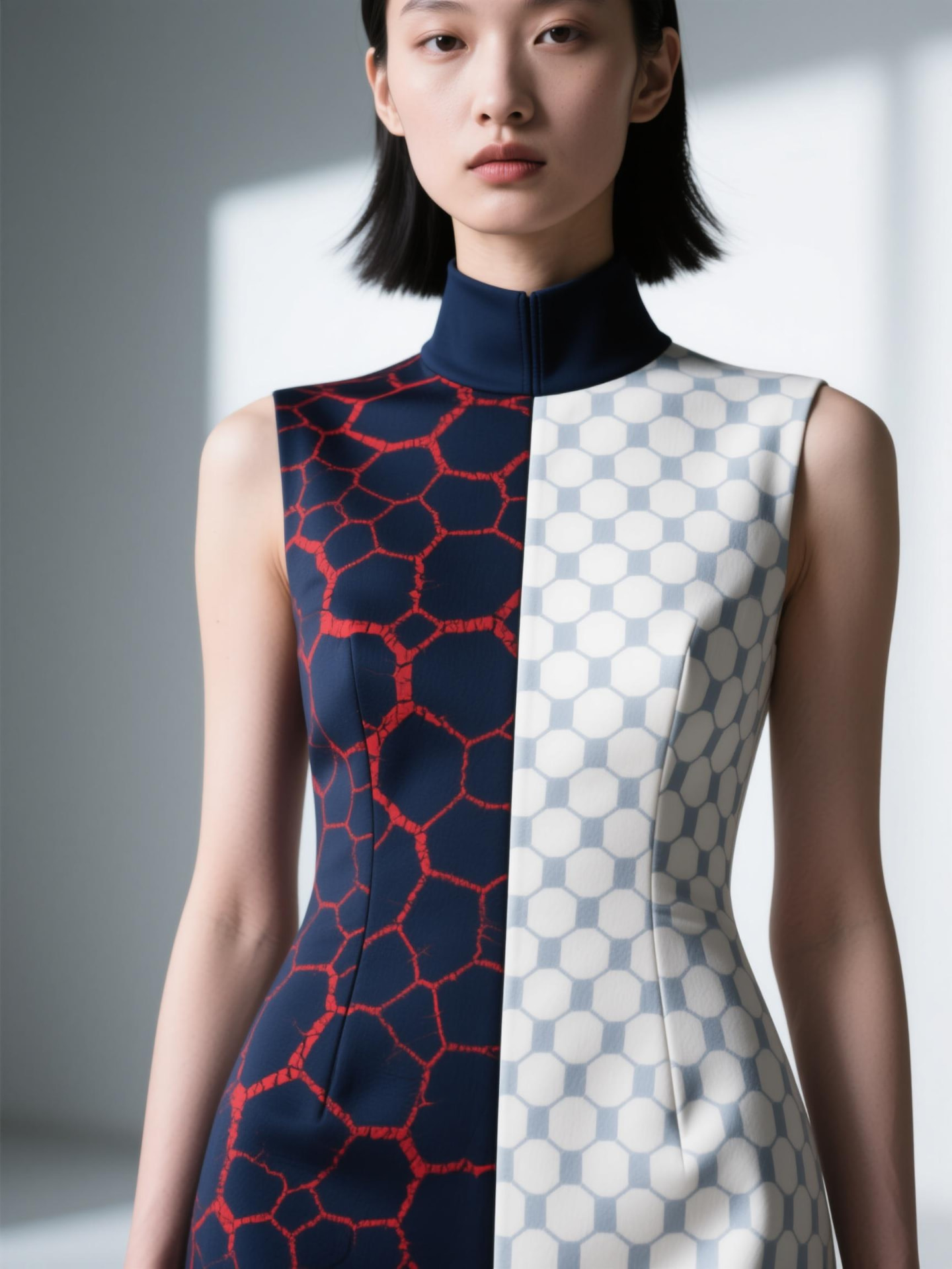 Studio portrait in a split-print dress