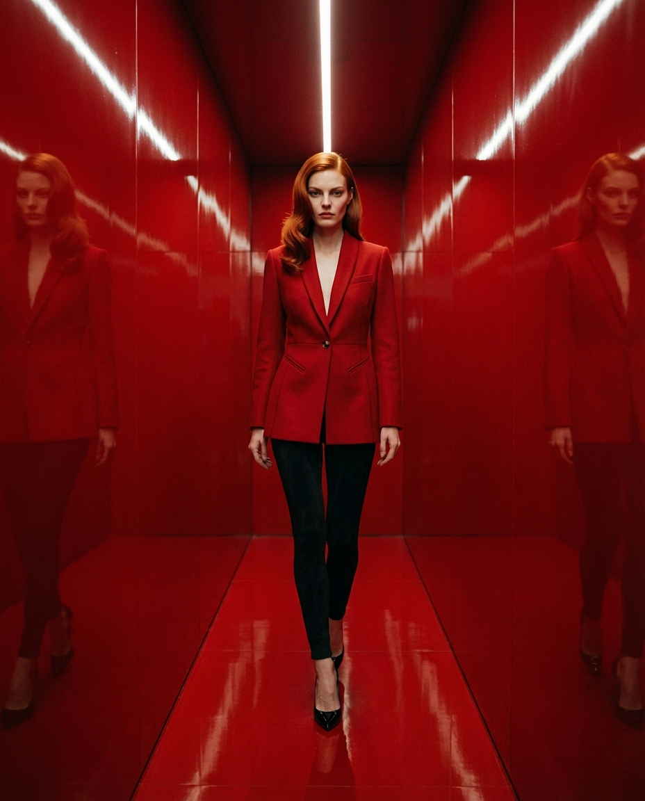 Talent in a red tailored blazer and black trousers in a mirrored corridor