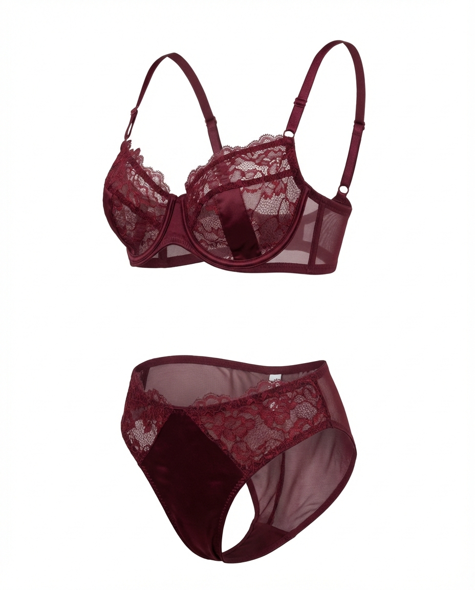 Three-quarter view of the burgundy lace bra and high-waist brief on white