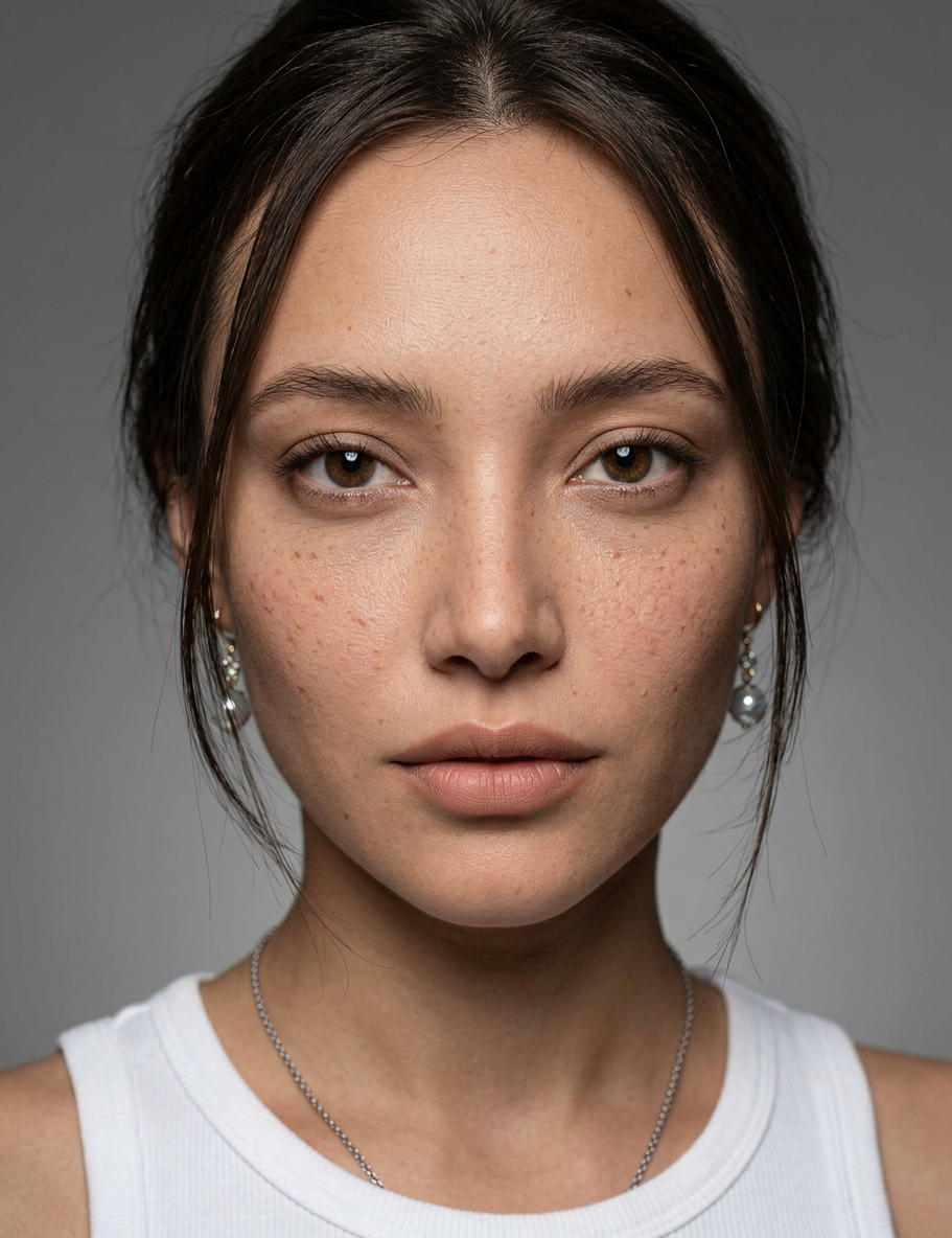 Grey-backdrop studio portrait of Talent with loose dark hair