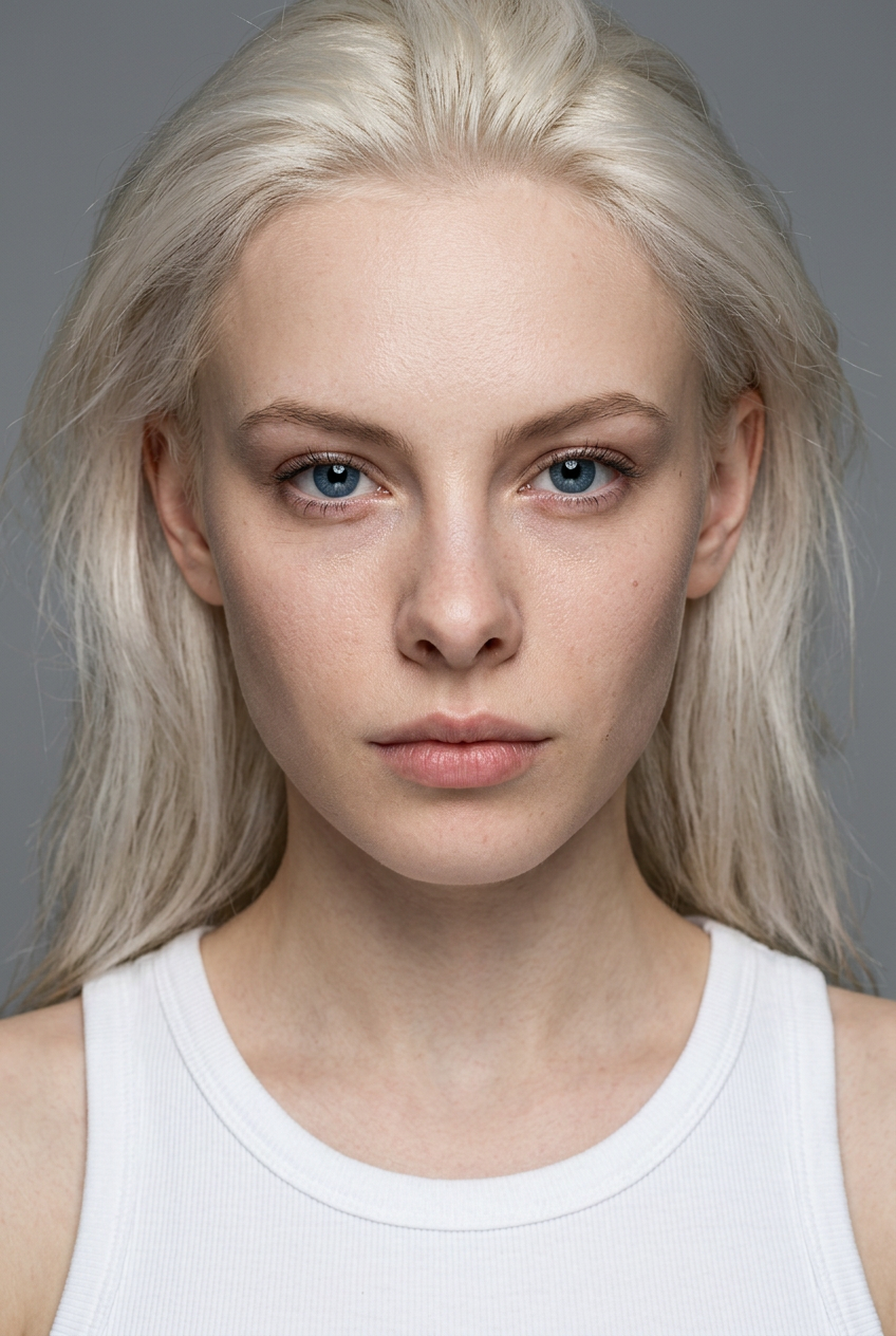 Grey-backdrop studio portrait of platinum-blonde Talent