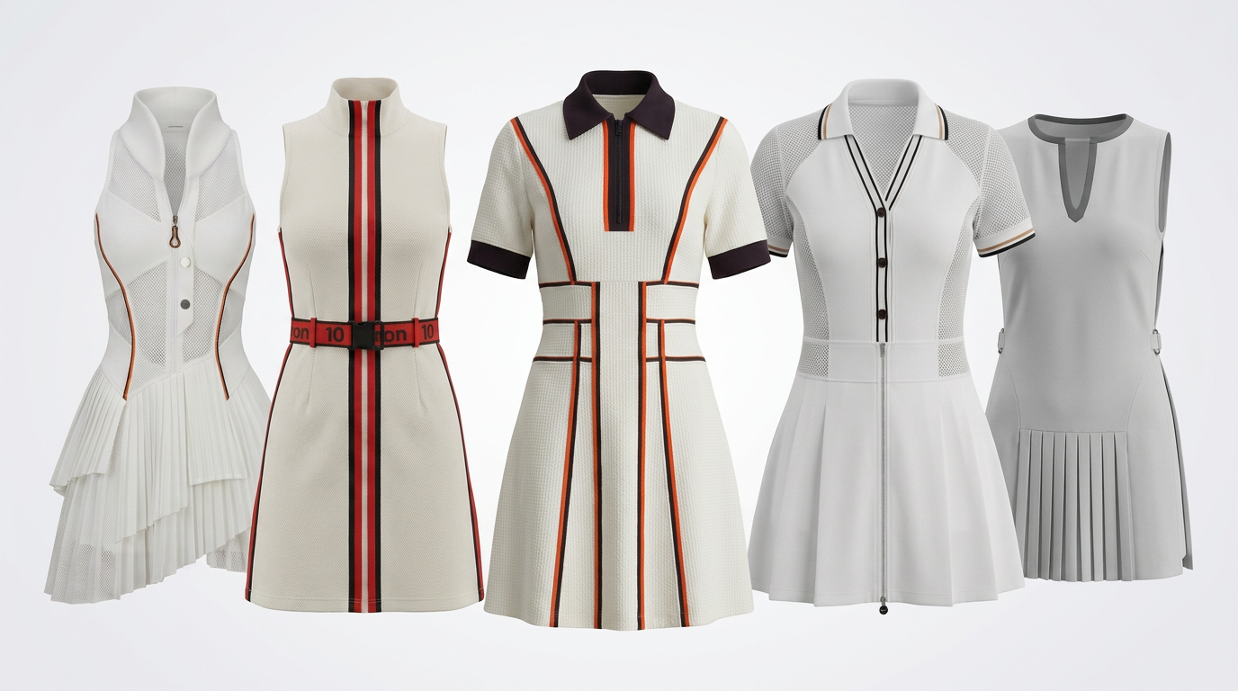 Five tennis dresses shown as flat product renders in a row