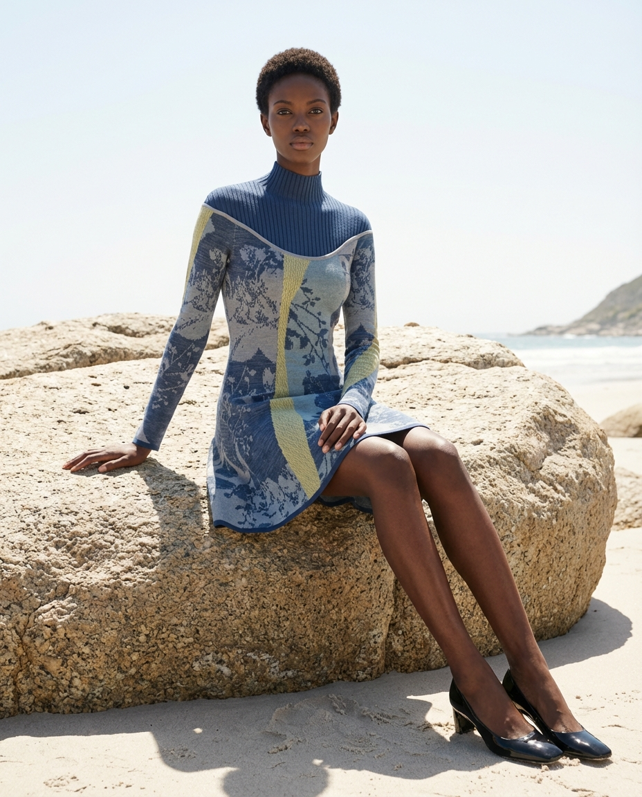 Tailored outerwear look shot on location, showing drape and seam detail