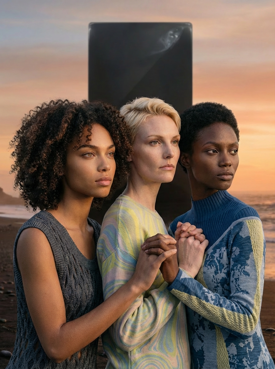 Three Talent in knitwear on a beach at sunset