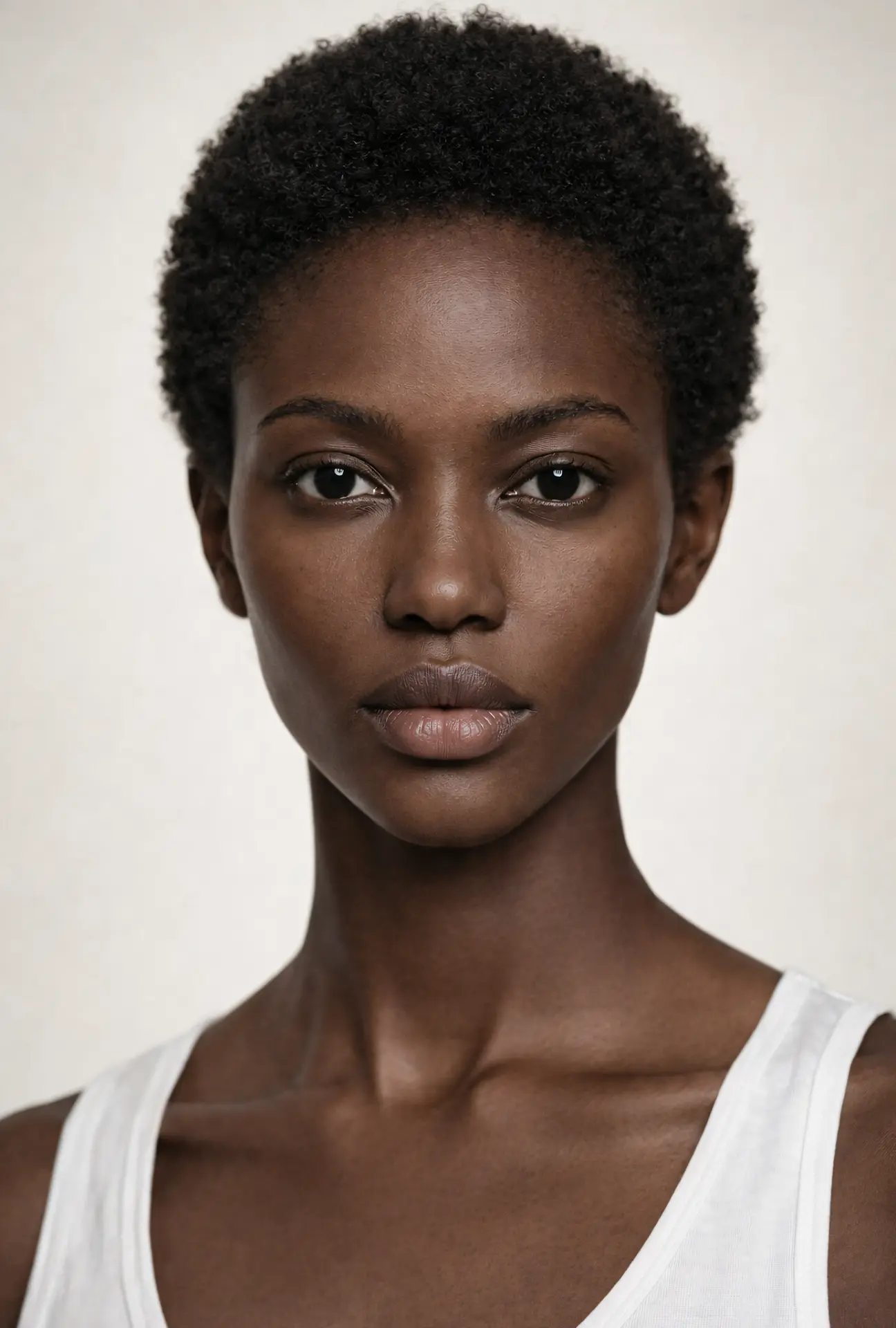 Studio portrait of Talent with a short natural crop on warm grey