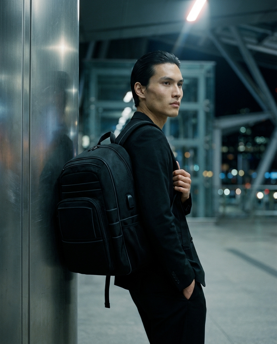Talent carrying a technical backpack at night