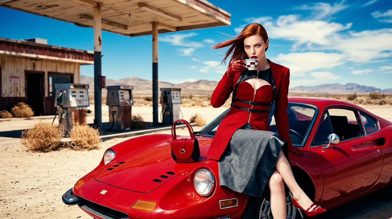 Campaign photograph of Talent in a red tailored coat beside a vintage sports car