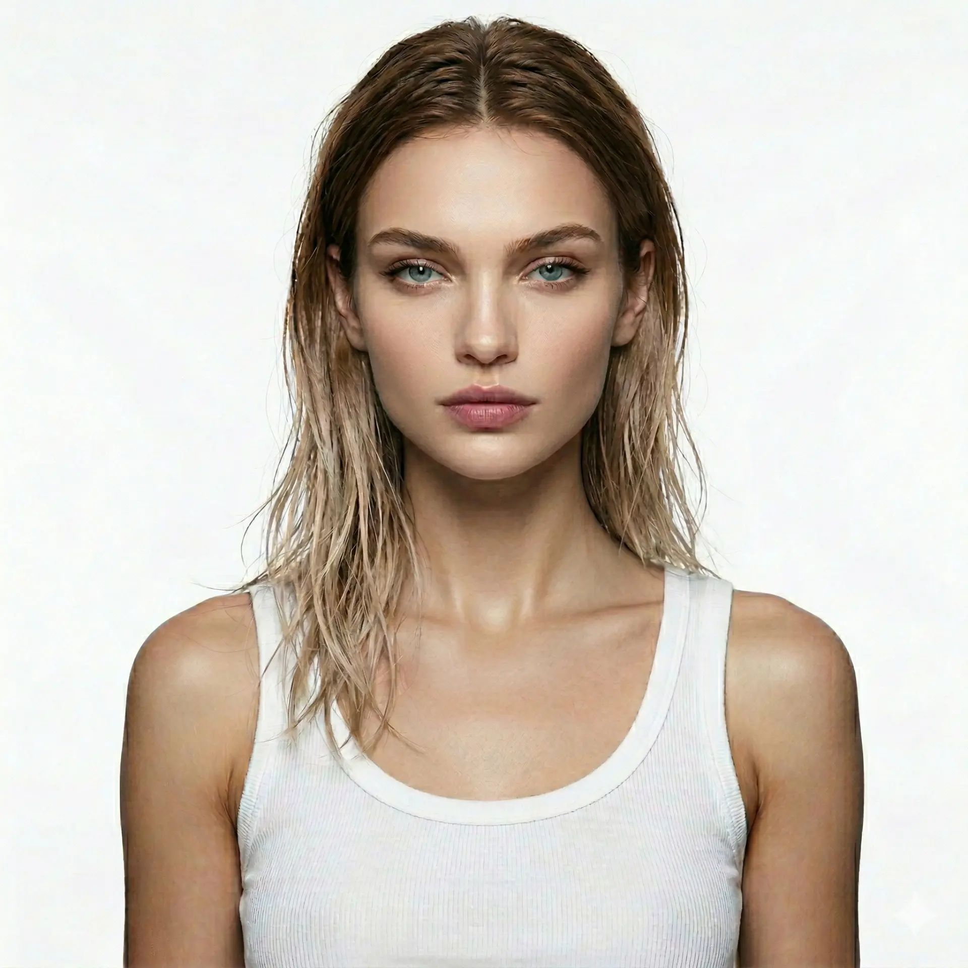 Studio portrait of Talent with damp shoulder-length hair