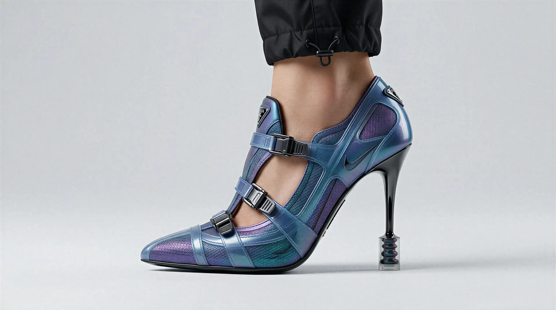 Close crop of an iridescent buckled heel