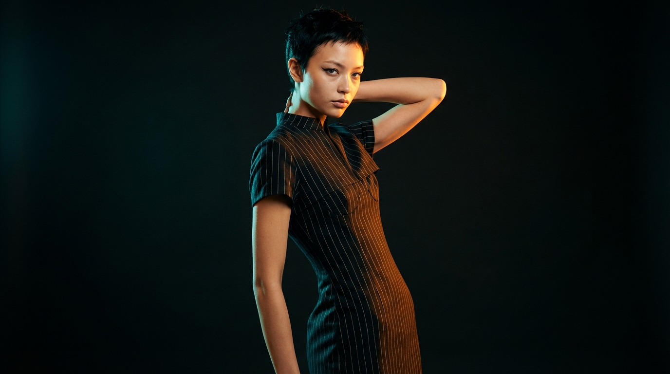 Studio portrait in a pinstripe collared dress