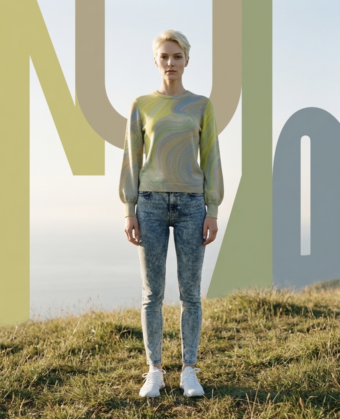 Lookbook frame of a knit layered set, full-length on Talent