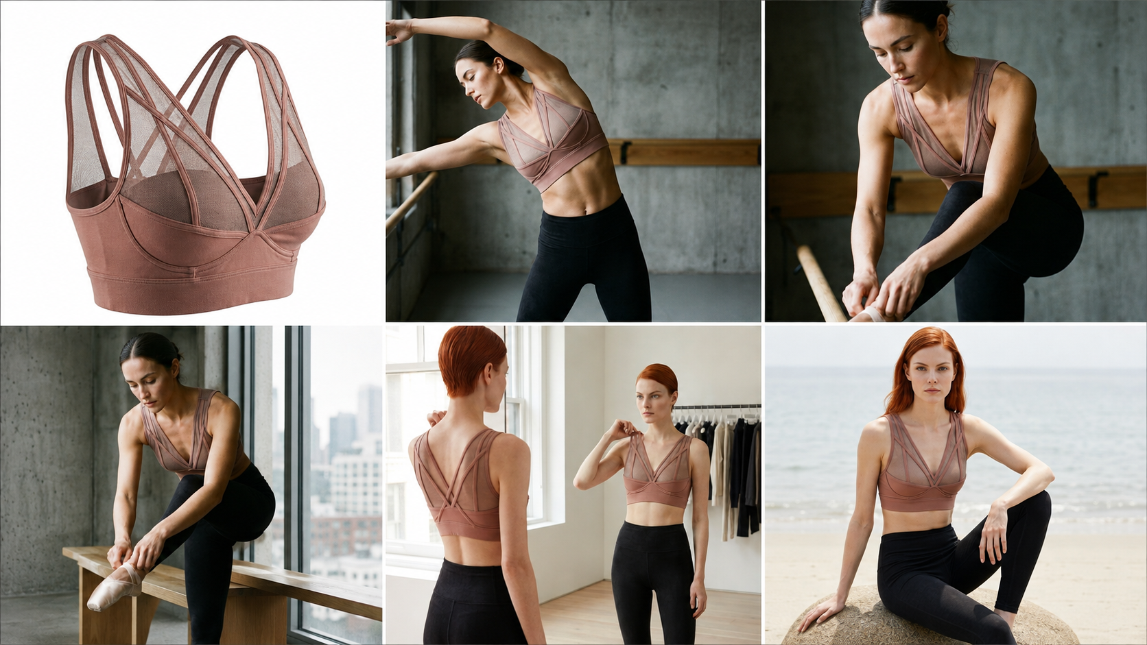 Mauve strappy sports bra shown in product and lifestyle shots across studio, ballet, and beach settings